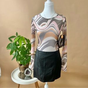 Retro style swirly print long sleeved mesh bodysuit